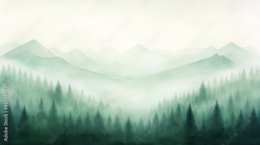Obraz premium A mountain range with a foggy mist and trees in the foreground