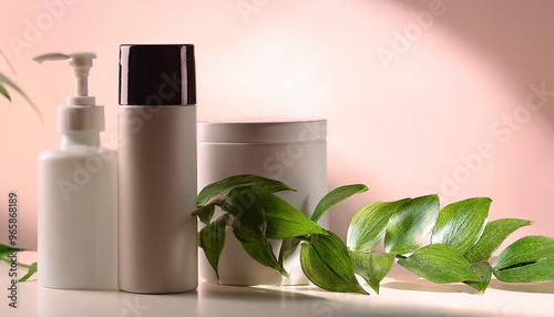 透明感のあるガラス容器に入ったみずみずしい化粧品が並んでいる