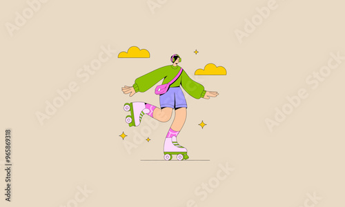 Girl roller skating with headphones, enjoying music and outdoor freedom.