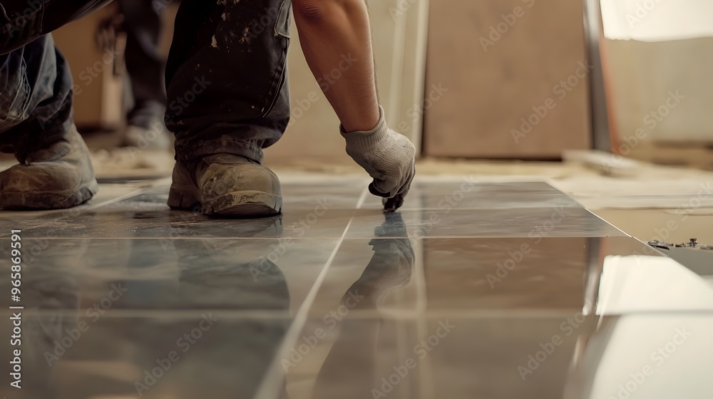 A worker carefully aligns large ceramic tiles, using spacers to maintain even gaps on a clean floor. A worker carefully aligns large ceramic tiles, using spacers to maintain even gaps on a clean floor.