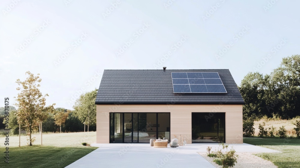 Modern minimalistic house with a solar system on the roof Modern minimalistic house with a solar system on the roof