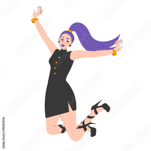 Happy woman jumping vector isolated. Illustration of a beautiful female character having fun. Excited girl in black dress with purple hair. Cheerful lady jumping with arms raised.