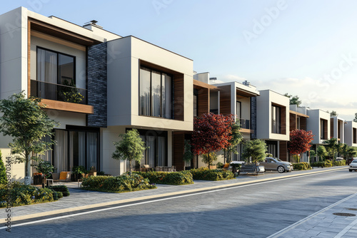 Explore a detailed 3D rendering of a row of contemporary townhouses in an urban setting, showcasing minimalist design and modern architecture.