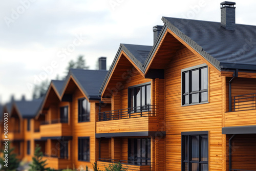 Close-up 3D rendering of a housing estate featuring modern wooden houses, highlighting design and architecture in ultra HD, perfect for real estate projects. photo