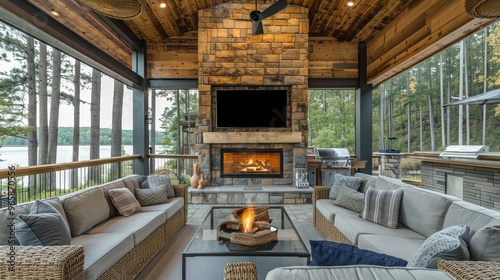 Rustic Outdoor Living Area with Stone Fireplace, TV Wall, Large Couches, and Wicker Furniture