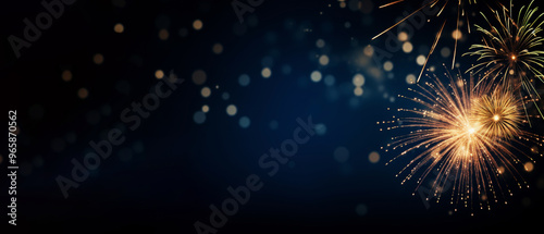Happy new year, sylvester new year, new year's eve, party event celebration holiday greeting card, fireworks on blue night background 