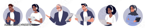 Customer support concept. Hotline operators advise the client. Avatars of people in headphones with a microphone.