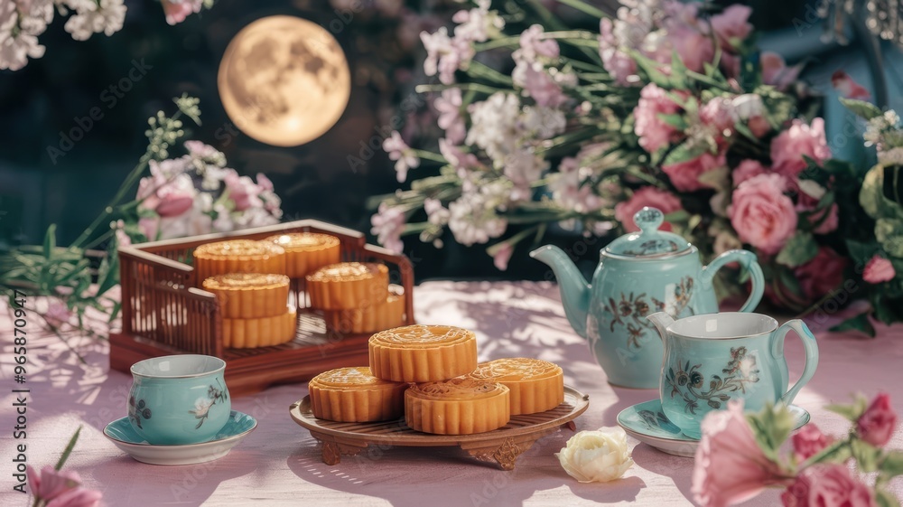 Delicious mooncakes with candles and festive cake with icing for a sweet celebration. Delicious mooncakes with candles and festive cake with icing for a sweet celebration.