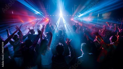 Silhouette image of people in ultraviolet light dance in disco night club to music from DJ on stage . New year night party and nightlife concept .