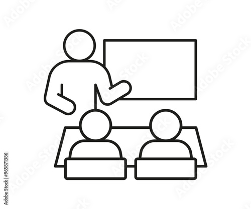 Teacher speech in school class with audience spectator schoolchild, line icon. Speaker leads lesson at blackboard. Vector illustration