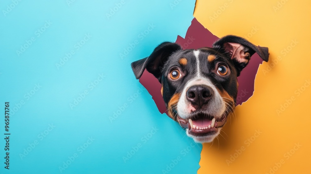 A playful dog face poking through a hole in colorful paper, expressing curiosity and excitement in a fun, lighthearted scene A playful dog face poking through a hole in colorful paper, expressing curiosity and excitement in a fun, lighthearted scene