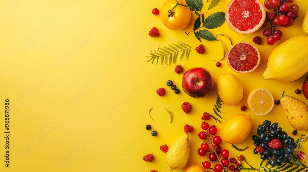 Fresh and colorful citrus fruits and berries on a vibrant yellow background Fresh and colorful citrus fruits and berries on a vibrant yellow background