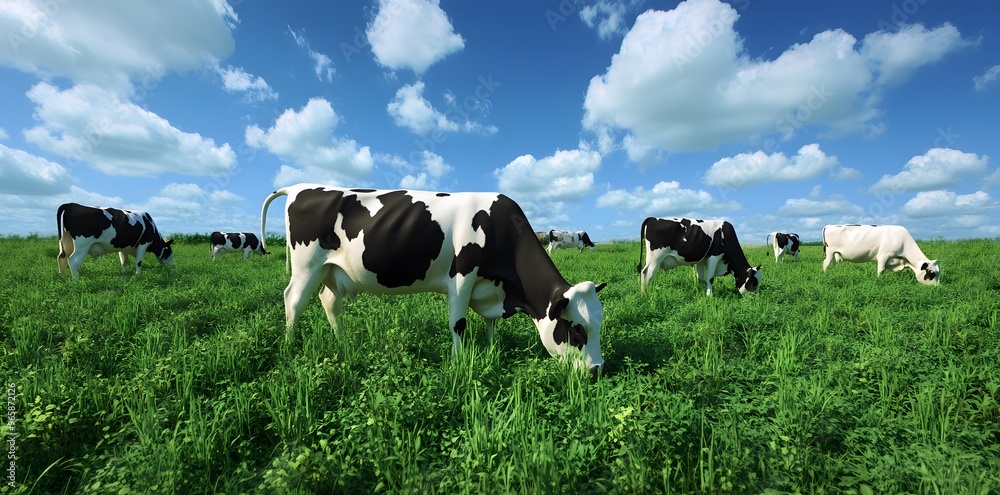 Fototapeta premium Cows Grazing in a Lush Green Field