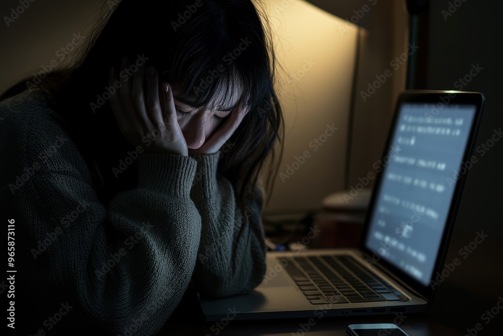 A dramatized portrait of a scared and stressed Asian Korean teenage girl victim of cyberbullying stalked by a mobile phone and laptop A dramatized portrait of a scared and stressed Asian Korean teenage girl victim of cyberbullying stalked by a mobile phone and laptop