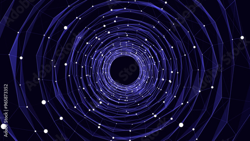 Abstract wireframe circular tunnel. Vector blue wormhole. 3D portal grid. Futuristic fantasy funnel.