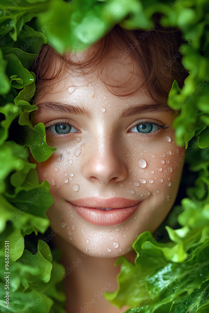 Woman face surrounded with fresh lettuce salad leaves. Healthy lifestyle, vegan and vegetarian concept. Summer super food, wellness, natural beauty, self-love, plant-based living, food industry. Woman face surrounded with fresh lettuce salad leaves. Healthy lifestyle, vegan and vegetarian concept. Summer super food, wellness, natural beauty, self-love, plant-based living, food industry.