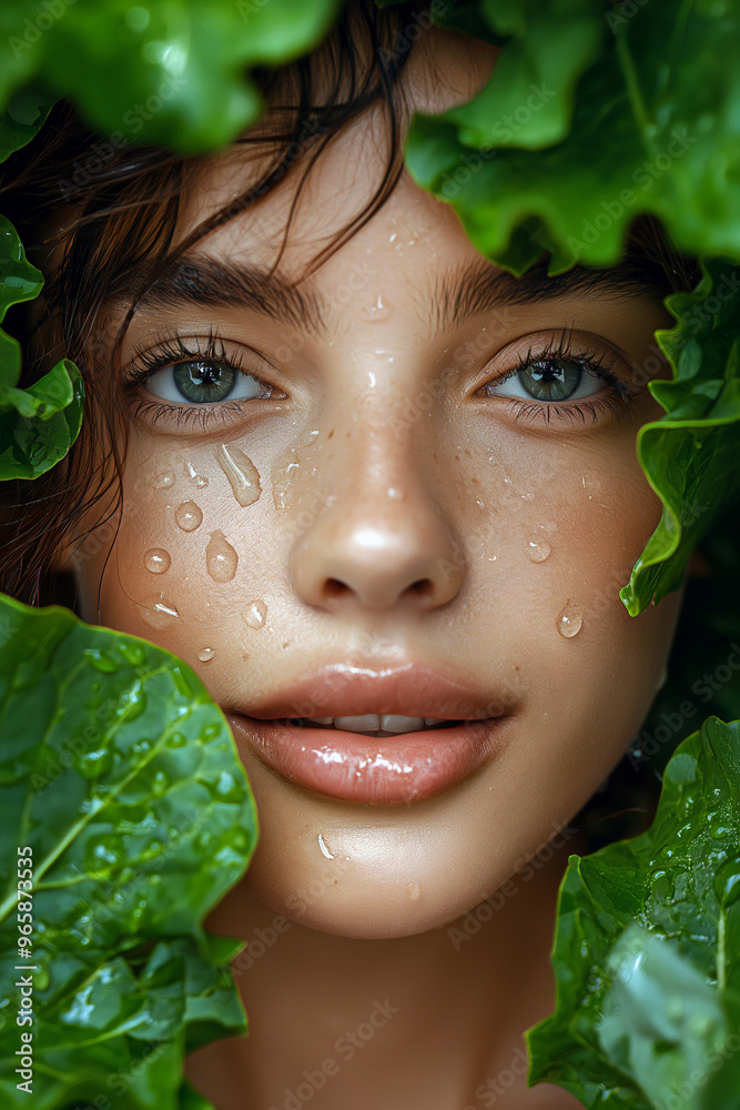Woman face surrounded with fresh lettuce salad leaves. Healthy lifestyle, vegan and vegetarian concept. Summer super food, wellness, natural beauty, self-love, plant-based living, food industry. Woman face surrounded with fresh lettuce salad leaves. Healthy lifestyle, vegan and vegetarian concept. Summer super food, wellness, natural beauty, self-love, plant-based living, food industry.