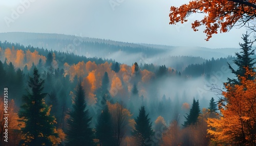 Misty autumn forest panorama showcasing vibrant fall colors in a serene nature landscape, perfect for wallpaper and background designs.