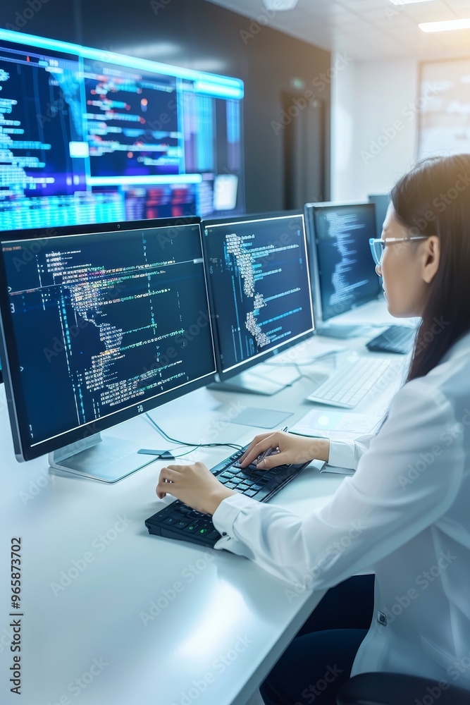 Female Engineer Analyzing Code on Multiple Monitors in a High-Tech Security Control Room. Female Engineer Analyzing Code on Multiple Monitors in a High-Tech Security Control Room.