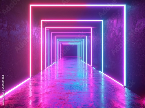 This is a 3D rendering of an ultraviolet neon square portal, glowing lines, tunnel, corridor, virtual reality, abstract fashion background with purple neon lights, an arch, pink and purple vibrant