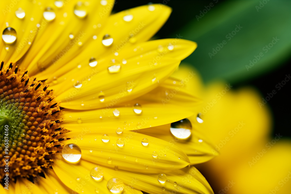 Close-up of a sunflower petal with water droplets on it, showcasing vibrant colors and detail Close-up of a sunflower petal with water droplets on it, showcasing vibrant colors and detail