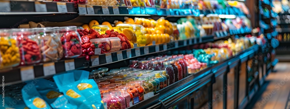 Fototapeta premium Colorful grocery store aisle with fresh produce and vibrant packaging