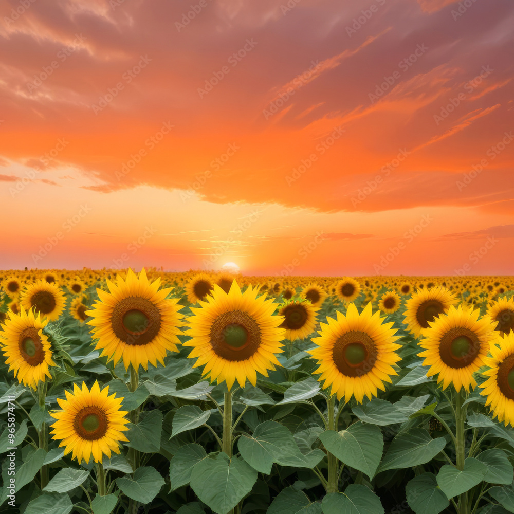 Obraz premium Landscape with a field of blooming sunflowers against the backdrop of the sunset sky