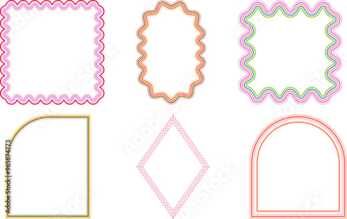Set geometric boho retro frames with colorful wavy lines	
