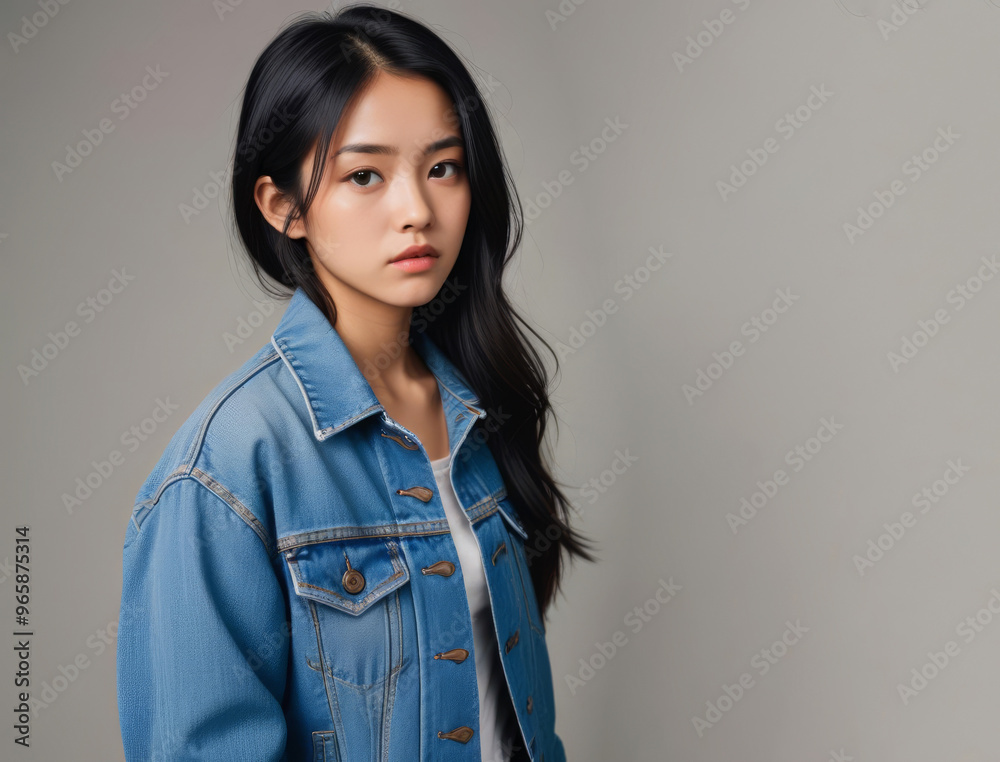 Portrait of young asian girl in denim jacket on grey background Portrait of young asian girl in denim jacket on grey background