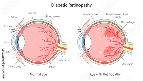 Normal eye and one affected by diabetic retinopathy, hemorrhages, aneurysms, and newly formed blood vessels hand-drawn schematic vector illustration. Medical science educational illustration