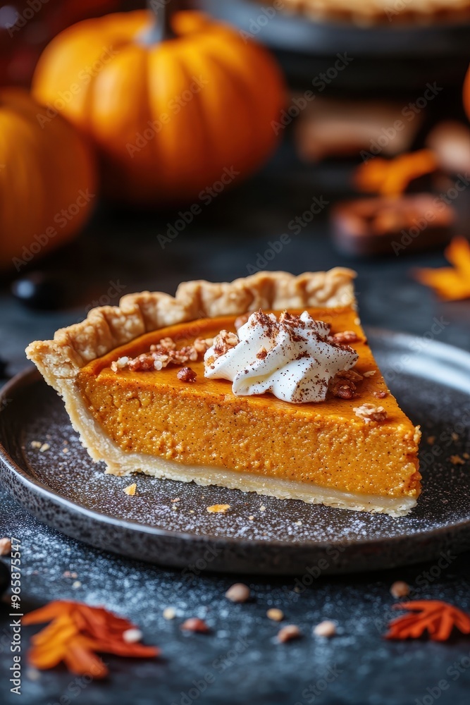 A mouthwatering slice of pumpkin pie with a dollop of whipped cream and sprinkled nuts, perfect for fall and Thanksgiving-themed advertising, menus, or social media posts, A mouthwatering slice of pumpkin pie with a dollop of whipped cream and sprinkled nuts, perfect for fall and Thanksgiving-themed advertising, menus, or social media posts,