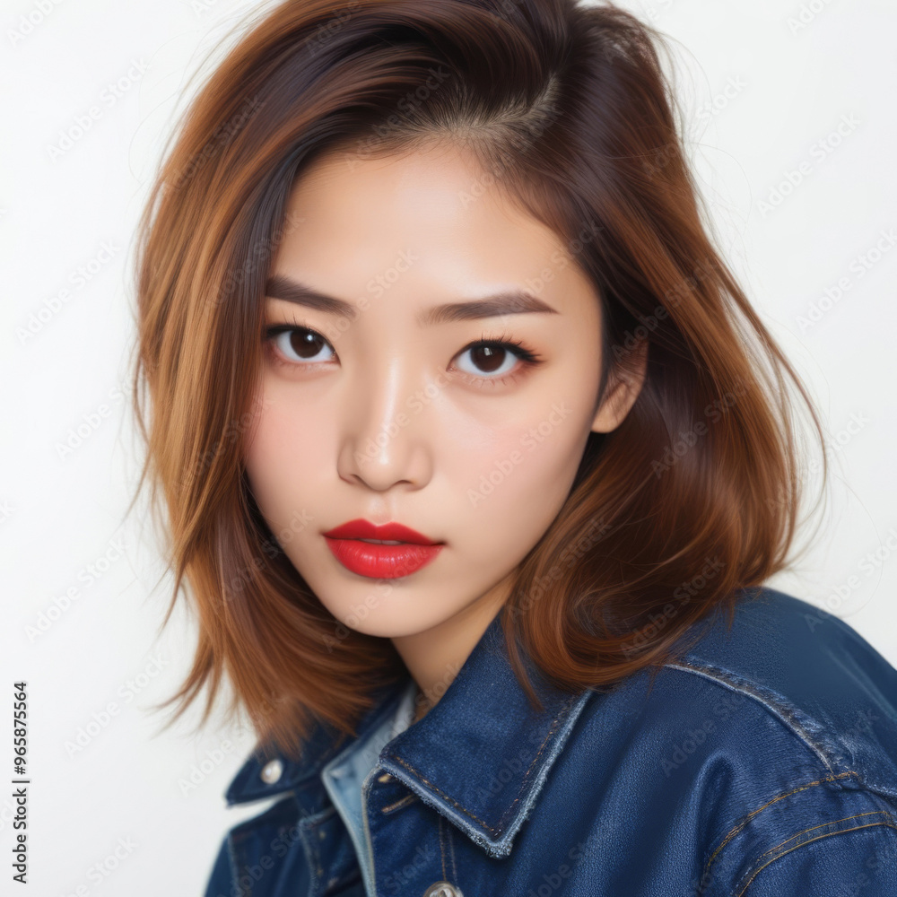 Portrait of young asian girl with red lipstick on her lips and in denim jacket on white background Portrait of young asian girl with red lipstick on her lips and in denim jacket on white background