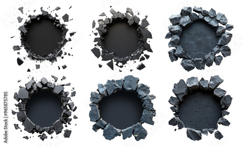 Collection of cracked circular textures with rubble isolated on transparent background photo