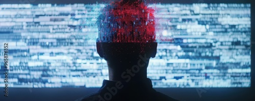 Abstract digital face with data streams representing artificial intelligence.