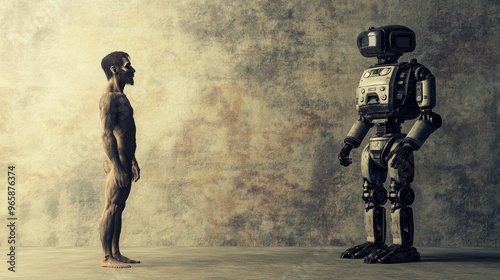A primitive man stands next to a robot, symbolizing the evolution of technology and human development through time