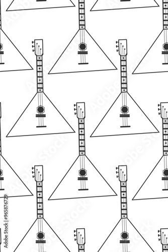 Folk musical instruments, stringed musical instrument, balalaika, all objects are hand drawn in vector. Seamless vector pattern. Suitable for printing on fabric, paper, for poster design.