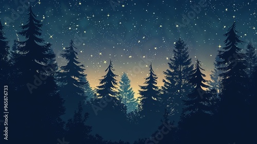 Forest with pine trees at night with a starry sky photo