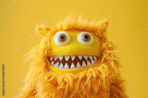 This vibrant and quirky yellow furry monster puppet with large eyes and sharp teeth brings humor and fun to marketing campaigns.