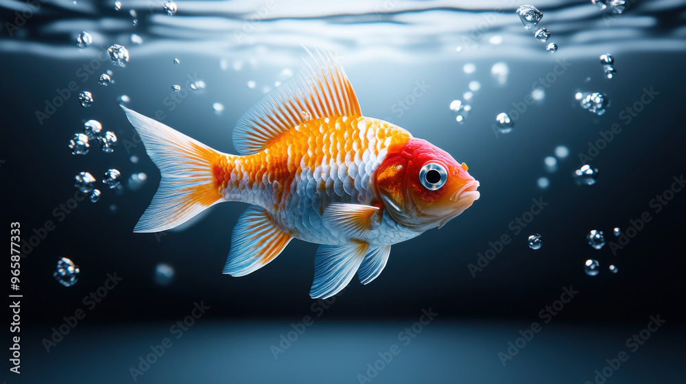 A vibrant orange and white goldfish swims in clear water, surrounded by bubbles and lit from above in a dark background. A vibrant orange and white goldfish swims in clear water, surrounded by bubbles and lit from above in a dark background.