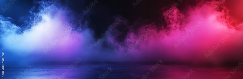 A room with concrete pavement and blue and pink neon lights. Smoke, fog, wet asphalt with reflections of lights. Abstract light, searchlight rays. Night view of a street with lights and the dark sky. A room with concrete pavement and blue and pink neon lights. Smoke, fog, wet asphalt with reflections of lights. Abstract light, searchlight rays. Night view of a street with lights and the dark sky.