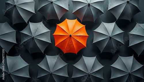 One orange umbrella standing out from many grey umbrellas