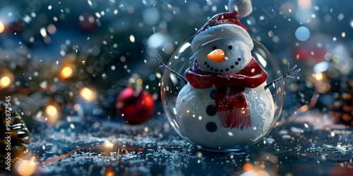 3d Rendered Happy Snowman In Christmas Bubble Background