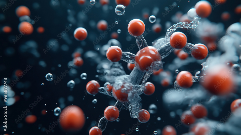 Abstract detailed representation of molecular structures with red spherical molecules interconnected by translucent bonds, against a dark blurred background. Abstract detailed representation of molecular structures with red spherical molecules interconnected by translucent bonds, against a dark blurred background.
