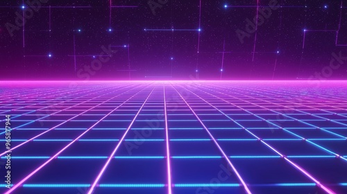 3D render, abstract neon background, virtual reality space, pink blue grid in ultraviolet spectrum, chart field, frontal perspective