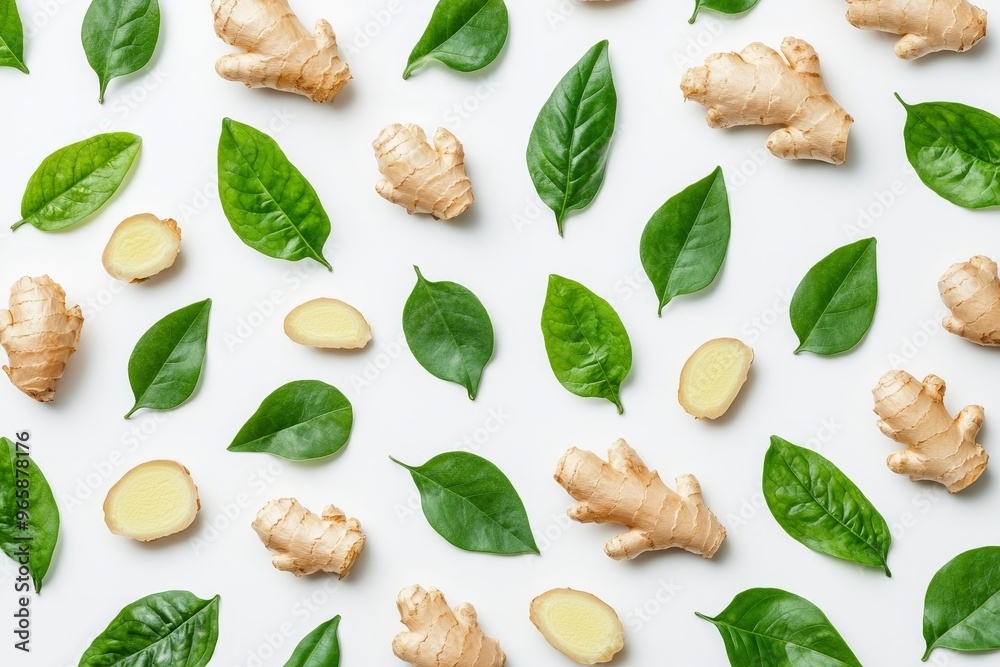 Flat lay of fresh ginger slices on a white background. Top view.