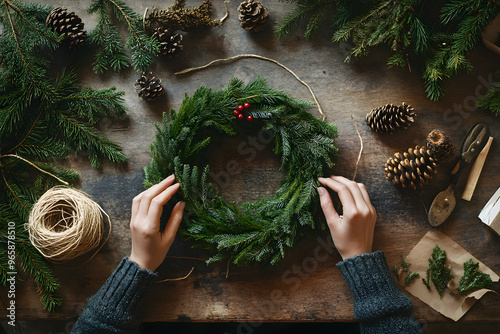 "Crafting Evergreen Wreath: Top View with Natural Materials"