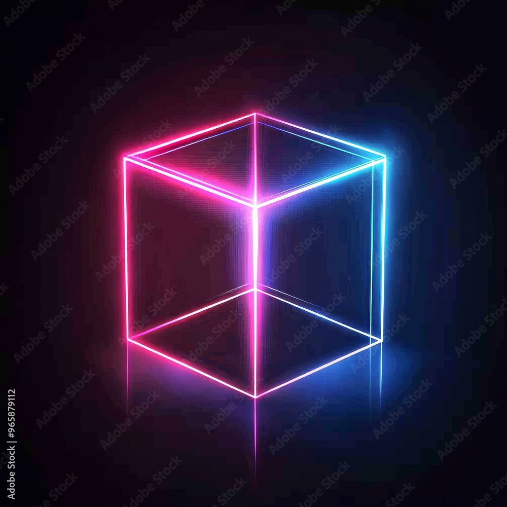 An abstract neon background, a cube in isolation, a cyber shape in virtual reality, and a laser show in 3D An abstract neon background, a cube in isolation, a cyber shape in virtual reality, and a laser show in 3D