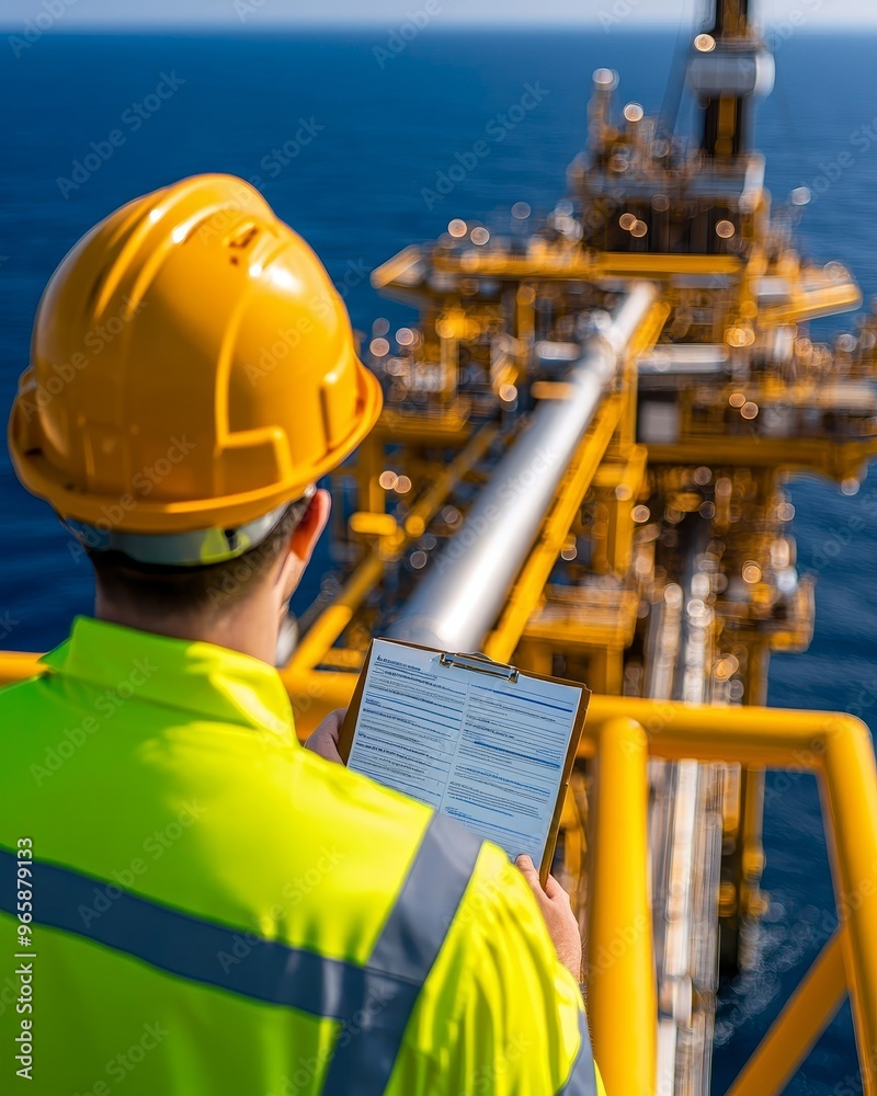 A worker in a hard hat and safety vest checks a tablet on an offshore oil rig. A worker in a hard hat and safety vest checks a tablet on an offshore oil rig.