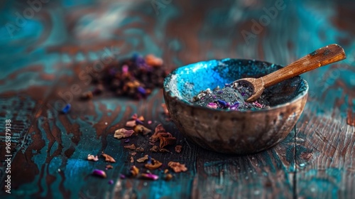 Rustic wooden bowl with dried herbs and spices on a blue-toned table