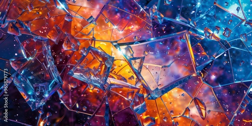 Abstract background with broken glass and cosmic background, bright colors.